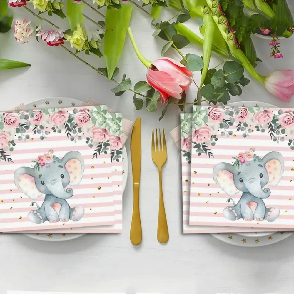 Pink Floral Baby Elephant Party Luncheon Napkins, 20 ct